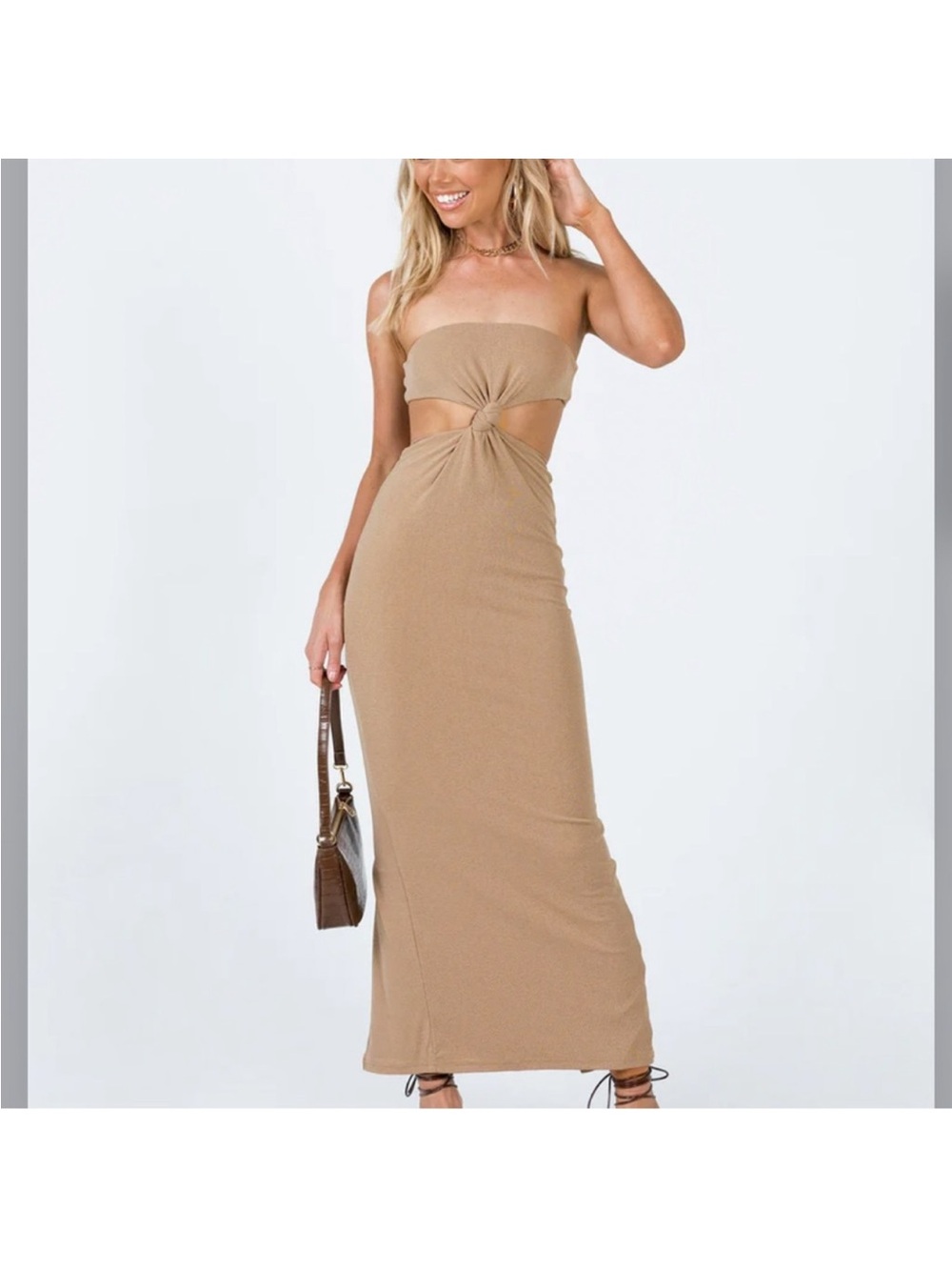 Princess Polly Gaitlin Strapless Twist Cutout Maxi Dress in Tan